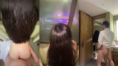 外表是个贤妻良母内心却很放荡，出来住酒店老婆非要体验一下开门做爱！